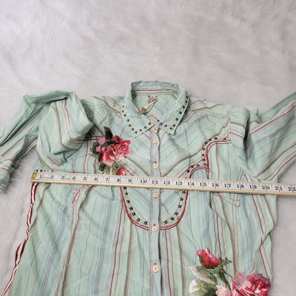 Johnny Was Green Striped Floral Embroidered Long Sleeve Button Down Shirt XL - Picture 7 of 12